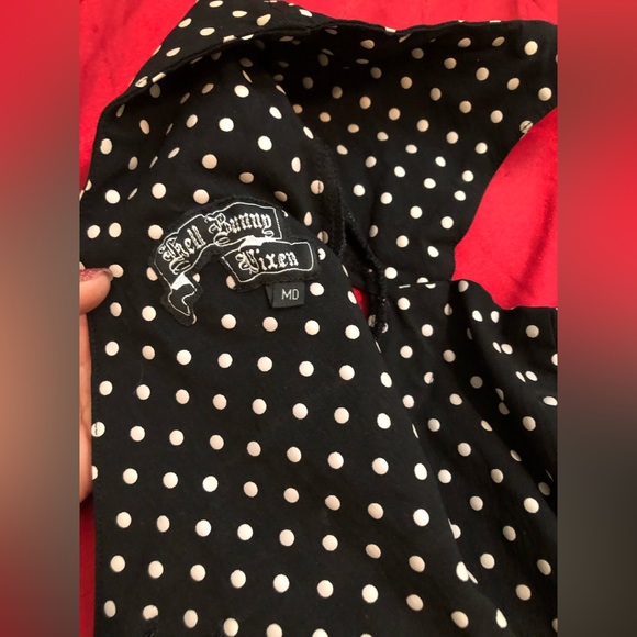 BOTTON FIXED & DRY-CLEANED Black Polka Dot Babydoll Pinup Cutout Dress - Picture 2 of 2